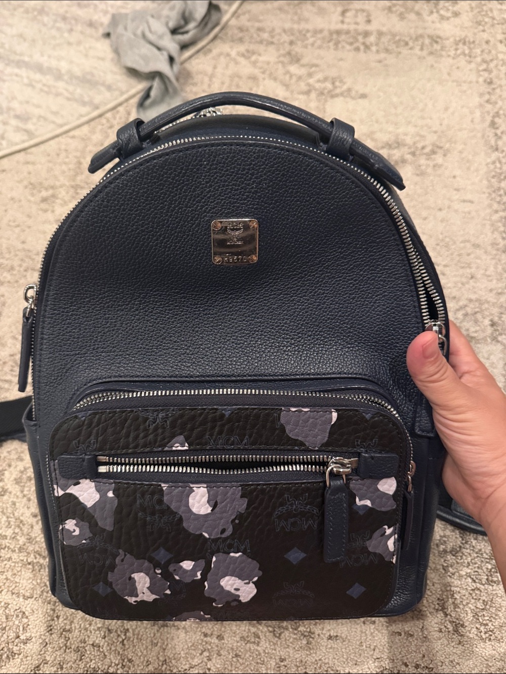 MCM Navy Blue Black Camouflage Logo Leather Backpack
